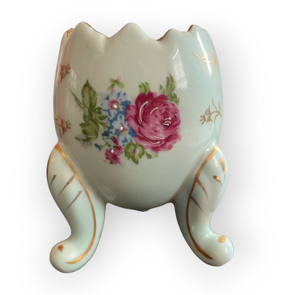 Vintage Napcoware Footed Egg Cup  Floral Light Blue Gold Tone Trim